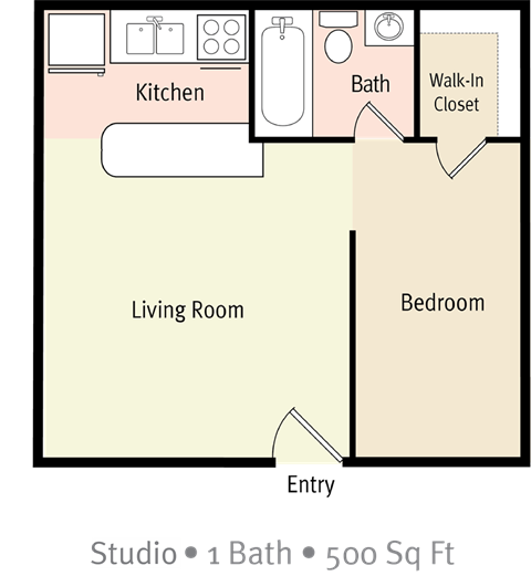 Floor plan for studio, 1 bath, 500 sqft